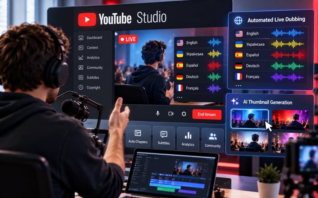 YouTube оновлює Studio: автоматичний дубляж прямих ефірів і генерація мініатюр